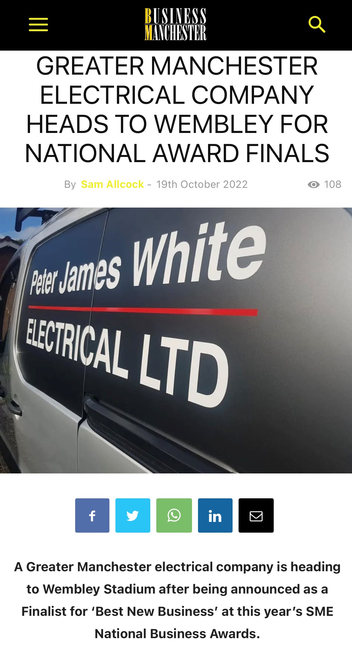 PRESS RELEASE (Business Manchester)  |  Greater Manchester Electrical Company Heads to Wembley for National Award Finals