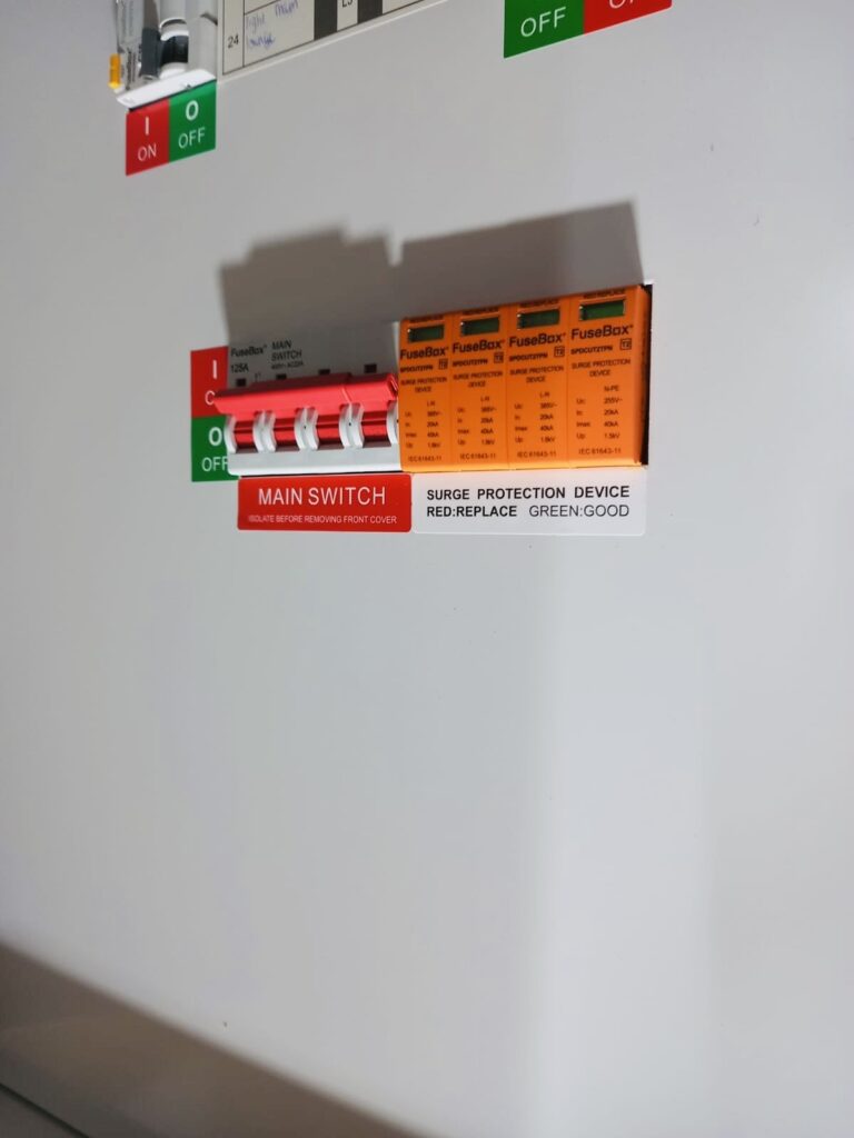 Commercial consumer unit with electrical safety, surge protection and RCBOs for individual circuits